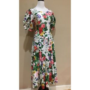Vintage 1940s Fliral Drop Waist Pleated Maxi Dress